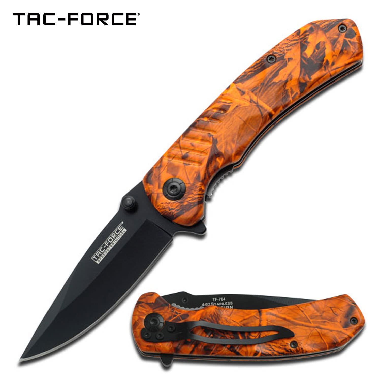 Orange Camo Handle Spring Assisted Knife With Pocket Clip - 4.25" Closed In Length - Tophatter's Army Products & Self Defense Collectible Weapons - Tophatter Daily Deals